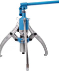 Heavy Duty Hydraulic Gear Puller and Adjustable Bearing Separator with blue handle and aluminum jaws for 15 ton force.