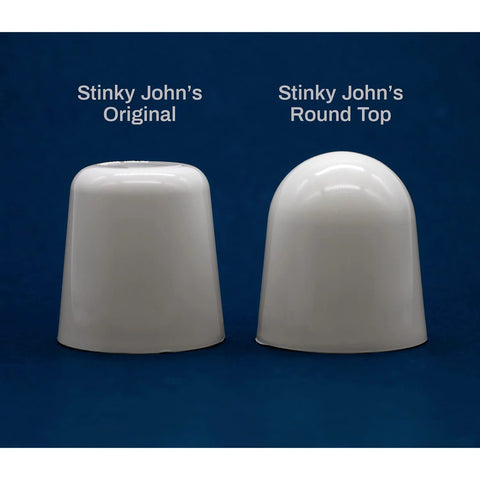 Comparison of Stinky John's Original and Round Top toilet bolt caps, white plastic, for Universal Fit Toilet Bolt Caps 1/4 Inch or 5/16 Inch