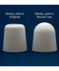 Tall Toilet Bolt Caps Universal Fit With Round Top White 2 Pack, showing original and updated round top design on blue background.