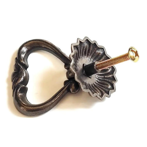 Dark Antique Brass Ring Pulls For Dresser Drawers And Cabinets, Vintage Swing Bail Handles, Single Hole Cabinet Hardware.