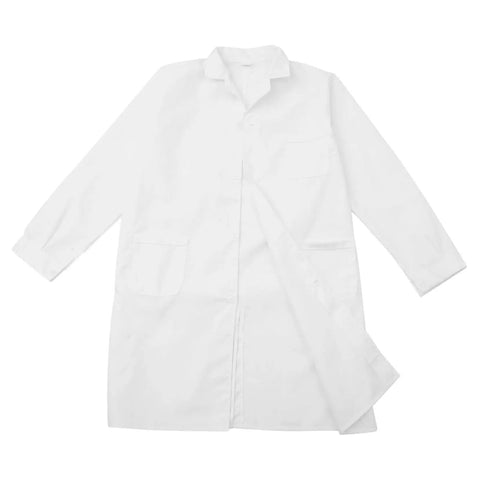 Men's White Lab Coat Long Sleeve Scrub Jacket for Medical Students and Docs, Classic Laboratory Coat displayed flat