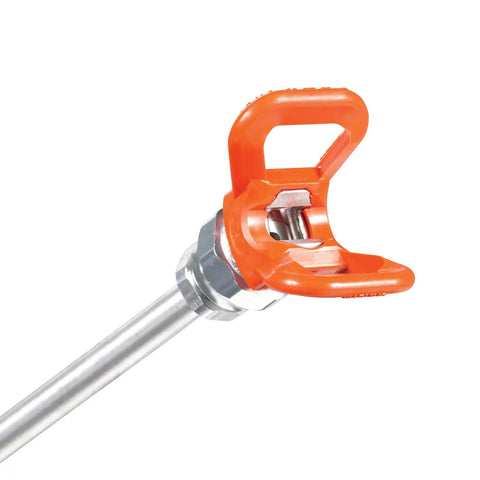 Lightweight 10 Inch Aluminum Spray Gun Extension With RAC IV Tip Guard Ladder Free Setup For High Ceilings And Tight Corners Easy To Attach Works With Most Sprayers Perfect For Decks Soffits Stairs And Wide Walls close-up showing RAC IV tip guard