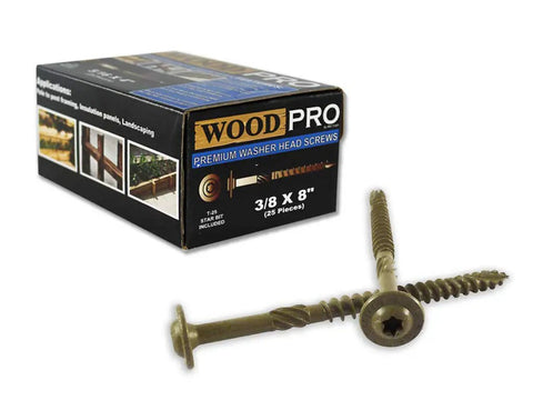 ST38X8 Exterior Wood Screws Three Eighths Inch By Eight Inch Round Washer Head 25 Pack Golden E Coat Finish, box and screws.