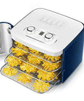 Digital Electric Food Dehydrator With Four Stackable Stainless Steel Trays and Precision Temperature Controls featuring jerky and fruit snacks.