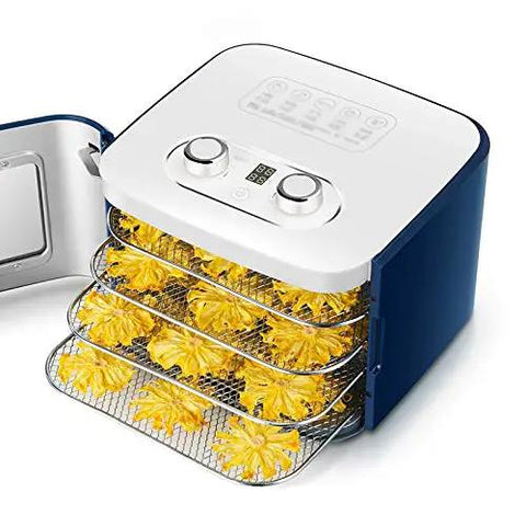 Digital Electric Food Dehydrator With Four Stackable Stainless Steel Trays and Precision Temperature Controls featuring jerky and fruit snacks.