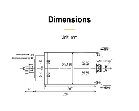 Technical dimensions of Heavy Duty Water Cooled CNC Spindle Motor 4.5KW 5KW 6KW For Milling Machines 220V 380V.