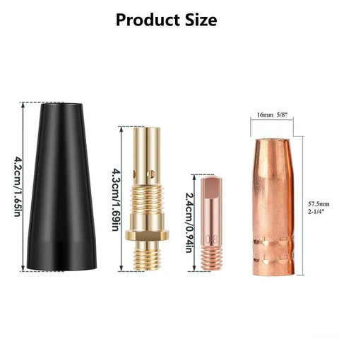 All In One MIG Welding Accessories Kit 26-Piece Flux Core Gasless Nozzle Set size comparison with 0.030 tips and gas nozzles