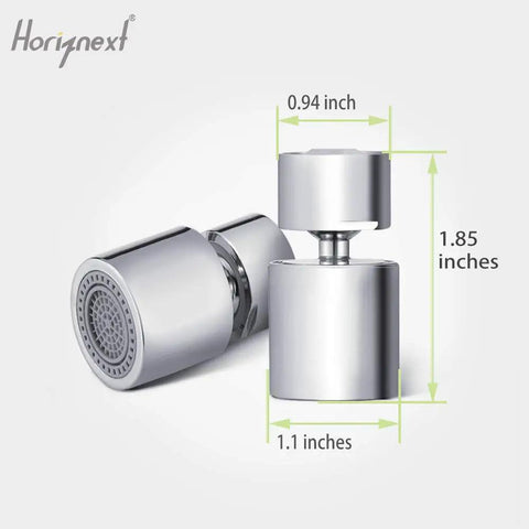 Chrome Kitchen Faucet Aerator with 360° Swivel Sprayer, dimensions indicated, dual flow, for bathroom or kitchen sinks.