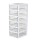 Side view of 6 Pack 16 Quart Stacking Storage Drawers For Closet Organization, Clear Plastic Modular Drawers With White Frame.