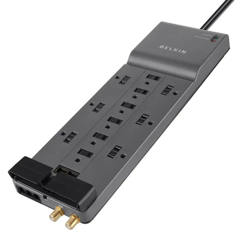 12 Outlet Surge Protector Power Strip With 10 Foot Cord And Phone Ethernet Coax Protection For Home Office And Tech Setup Gray Pack Of 3