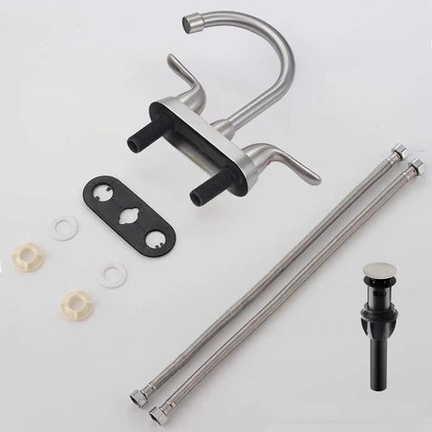 4 Inch Centerset Bathroom Faucet In Brushed Nickel, Deck Mounted Two Handle Vanity Mixer With Drain Assembly And Flexible Supply Hoses, Ideal For Lavatories, RV Campers And Home Bathrooms