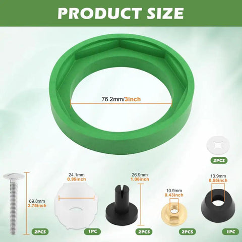 3 Inch Toilet Tank To Bowl Gasket Kit For American Standard Toilets Includes Gasket Bolts And Other Essential Parts For Leak Proof Flush Valve Openings. product size shown with green 3-inch gasket and included bolts, washers, and rings