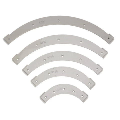 Kickass Router Angle Beam Template Set For Dead On Edge Rounding and Flawless Radius Cuts in Serious Woodworking Projects Using Durable Plastic Guides. Set of five durable radius templates, sizes R100 to R300 mm.