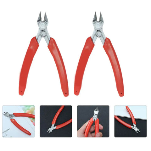 Two Pack Stainless Steel Wire Cutter Pliers With Sharp Nose For Easy Wire Cutting And Stripping, shown with red handles and steel blades.
