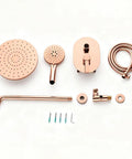 Straight Up Slick Thermostatic Shower System Wall Mounted Concealed Bathtub Faucet Brushed Grey parts laid out for installation.