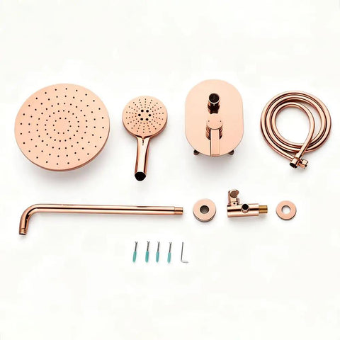 Straight Up Slick Thermostatic Shower System Wall Mounted Concealed Bathtub Faucet Brushed Grey parts laid out for installation.