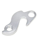 Close-up of silver aluminum bike derailleur hanger, part of the Two Pack Bike Derailleur Hanger With Bolts For Cyclocross, Mountain, And Road Bikes, Universal Frame Tail Hook Emergency Replacement Guard To Protect Your Transmission set.