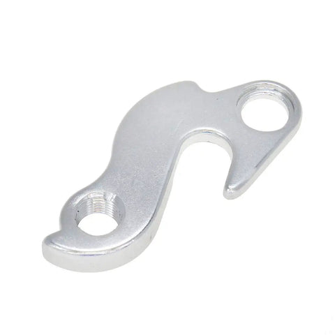 Close-up of silver aluminum bike derailleur hanger, part of the Two Pack Bike Derailleur Hanger With Bolts For Cyclocross, Mountain, And Road Bikes, Universal Frame Tail Hook Emergency Replacement Guard To Protect Your Transmission set.