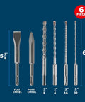 6 Piece SDS-Plus Bulldog Rotary Hammer Bit Set with flat and point chisels, showcasing premium carbide tips and various drill sizes.