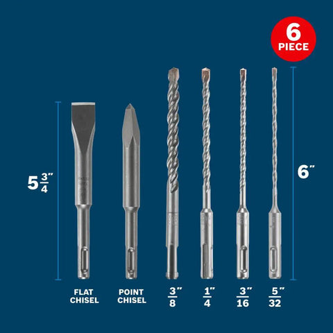 6 Piece SDS-Plus Bulldog Rotary Hammer Bit Set with flat and point chisels, showcasing premium carbide tips and various drill sizes.