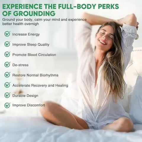 Person sitting on chair listed benefits of grounding related to Genuine Bamboo Viscose With 5 Percent Silver Fiber Grounded Fitted Sheet Kit