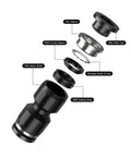 PU 4mm 6mm 8mm 10mm 12mm 14mm 16mm Air Straight Pneumatic Fittings Kit With Push In Quick Release Plastic Hose Couplings For Air Lines Black Boxed Five Pack Tough Easy Install And Leak Free Performance. Exploded view of black pneumatic fitting parts with nylon shell and steel circlip