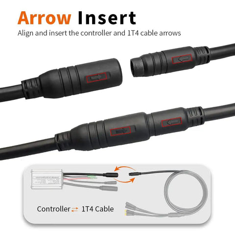 Waterproof Eight Pin 1T4 Electric Bike Cable Controller Kit connection with plug and play details, arrows for alignment.