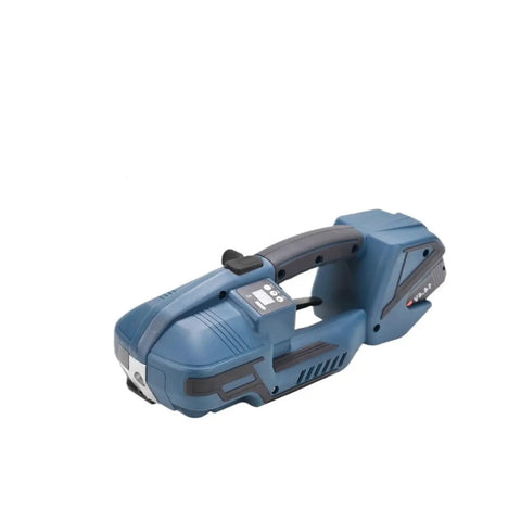 Heavy Duty Portable Electric Strapping Tool For Shipping Kicks Ass With Zero Sweat Seamless PET PP Hot Melt Baler Friction Heat Tech view from side, handheld design.