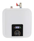 Under Counter Instant Electric Water Heater 1500 Watt Rapid Heat Small Tank Faucet Installation For Kitchen Sink And Bath Quick Warm Flow Smooth Top Shelf Finish with digital control and temperature display.