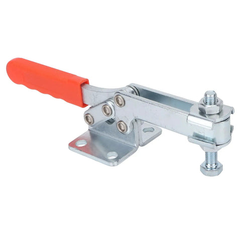 Heavy Duty Toggle Clamp With Arrow Storage Case, 500 Kg Clamping Force, iron horizontal for welding, side view of orange handle