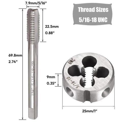 Two Piece 5/16-18 UNC Tap And Die Set With High Speed Steel And Alloy Steel For Right Hand Threads Includes Straight Flute Tap And Round Thread Die Great For New Or Retapping Damaged Threads And Fast Chip Removal