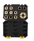 Open case showing Brass Router Template Guide Kit, 11-Piece Set With Lock Nut Adapter, Machined Bushings For Porter Cable Style Sub-Base.