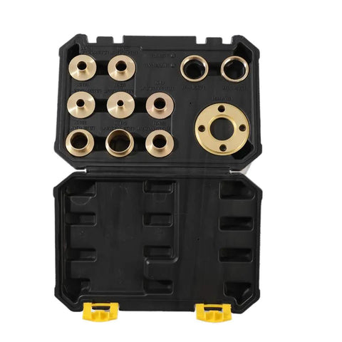 Open case showing Brass Router Template Guide Kit, 11-Piece Set With Lock Nut Adapter, Machined Bushings For Porter Cable Style Sub-Base.