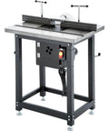 Solid Black Router Table With Precision Height Lift Slick Woodworking Station featuring steel frame and precise lift knob.