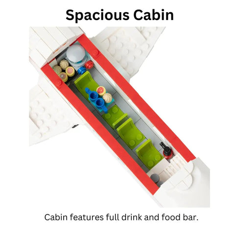 Interior view of the Airplane Building Block Set With 633 Pieces For Kids And Adults focusing on the drink and food bar in the cabin.