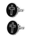 Cross Cufflinks For Men Black Titanium Steel Dress Shirt Fasteners Decorative Accessories That Give You A Sharp Boss Vibe For Business Or Wedding Occasions 1 Pair, featuring cross design on round black face.