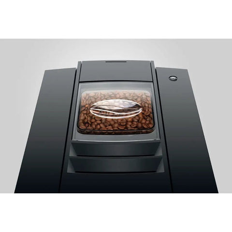 Top Shelf Heavy Duty Fully Automatic Coffee Maker With Real Bean To Cup Fresh Grind And Sleek Interface For Smooth Effortless Home Barista Brewing Action, close-up of bean container.