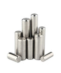 304 Stainless Steel Cylindrical Pin Locating Dowel Set, 12 mm diameter, solid shaft, various lengths, arranged upright, metal finish.