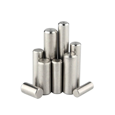 304 Stainless Steel Cylindrical Pin Locating Dowel Set, 12 mm diameter, solid shaft, various lengths, arranged upright, metal finish.