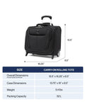 Maxlite 5 Softside Underseat Rolling Tote Two Wheel Carry On Bag for Cabin Use, black, dimensions and packing capacity shown.