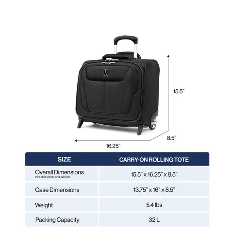Maxlite 5 Softside Underseat Rolling Tote Two Wheel Carry On Bag for Cabin Use, black, dimensions and packing capacity shown.