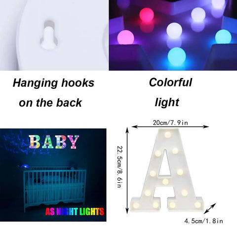 Colorful LED Marquee Letter Lights With Remote 18 Color Changing RGB Alphabet Signs For Parties And Events, Bedroom Night Light features hanging hooks, colorful light, and letter "A" dimensions.