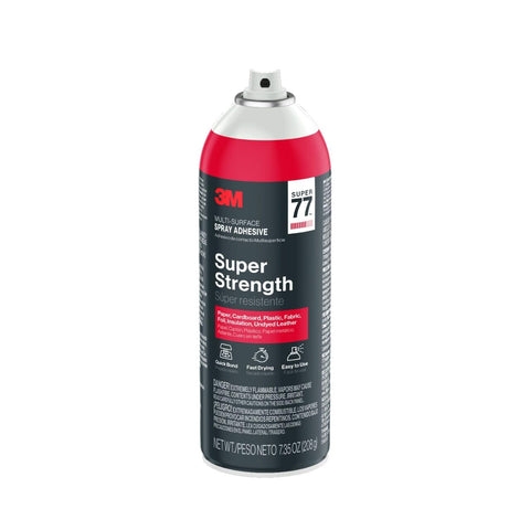 3M multi-surface spray adhesive can, 7.3 oz, labeled for cardboard, plastic, and fabric, Super 77, suitable for light duty materials.