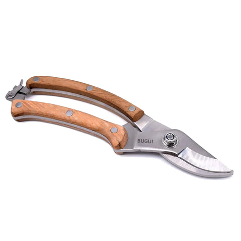 Workhorse Wood Handle Pruning Shears With SK-5 Blade, 1 inch cutting capacity, angled view, 8 inch garden shears for flowers.
