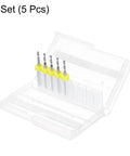 Five Piece PCB Drill Bit Set With One Eighth Inch Shank And Two Millimeter Tungsten Carbide Micro Twist Bits for precision drilling in open case