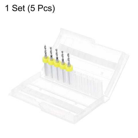 Five Piece PCB Drill Bit Set With One Eighth Inch Shank And Two Millimeter Tungsten Carbide Micro Twist Bits for precision drilling in open case
