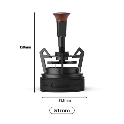 Level Up Your Daily Grind With This Killer Rotary Espresso WDT Tool And Dosing Funnel Set Built For Rock Solid Coffee Distribution And Smooth 51mm Black Portafilter Pulls Right At Home. Image of 51mm black WDT tool with wooden handle.