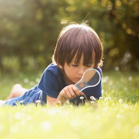 Child using 24 Pack Handheld Magnifiers With 5X And 15X Lenses, Kid Friendly Classroom And Home Science Tools outdoors over grass.