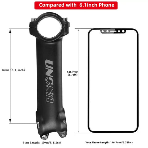 7 Degree Rise 31.8mm Bike Stem 130mm for Mountain Road BMX Bikes, size comparison with 6.1 inch phone for ergonomic riding