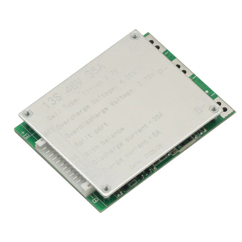 Close-up of a 13S 48V 35A Li Ion battery management system circuit board for smart balancing and overcharge protection.